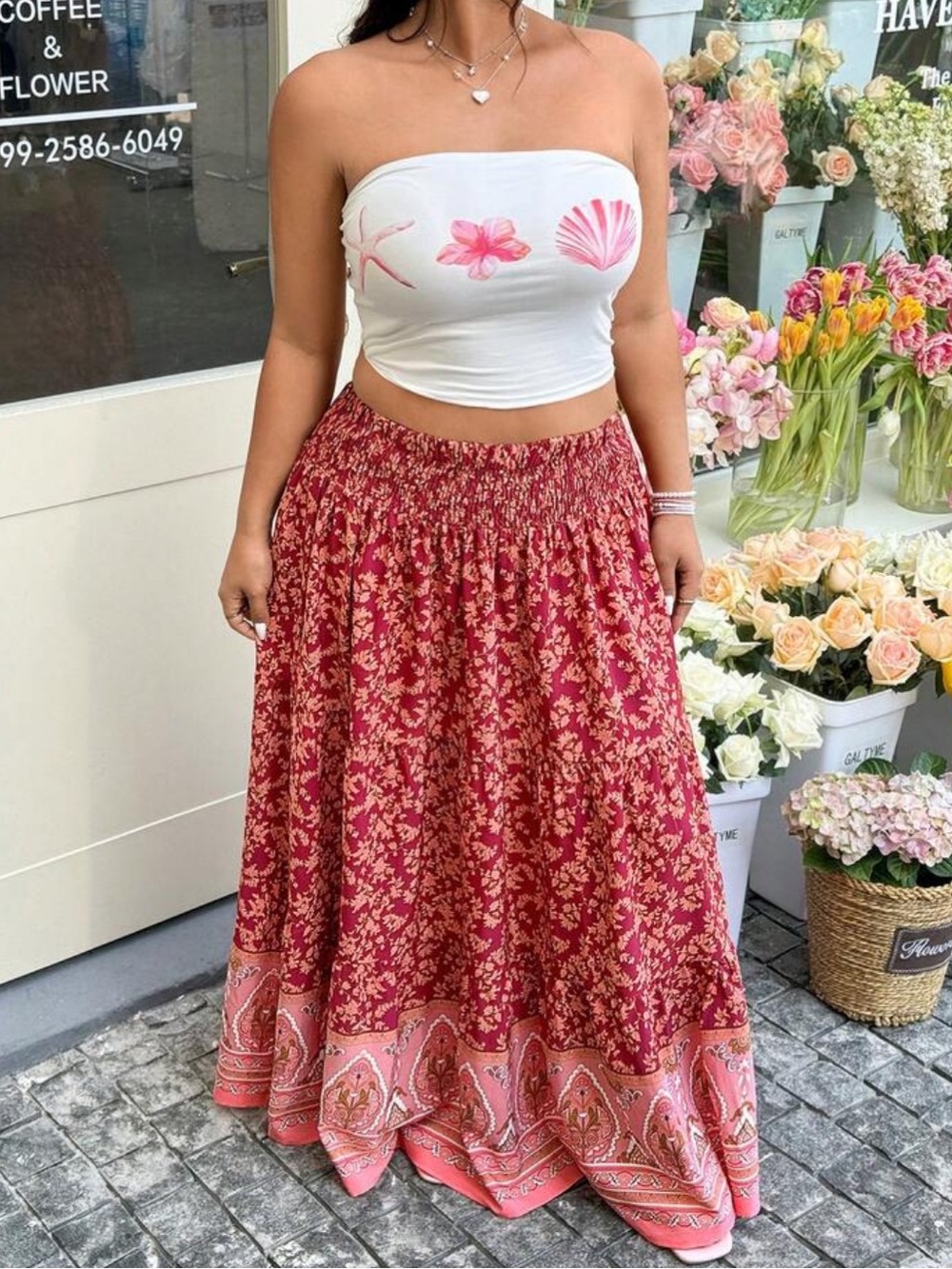 Plus Size Boho Bohemian Floral Print Smocked Waist Maxi Skirt